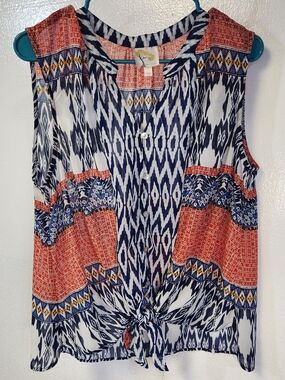 Anthropologie Fig & Flower Orange Blue Sleeveless Sheer Boho Blouse Size Large L